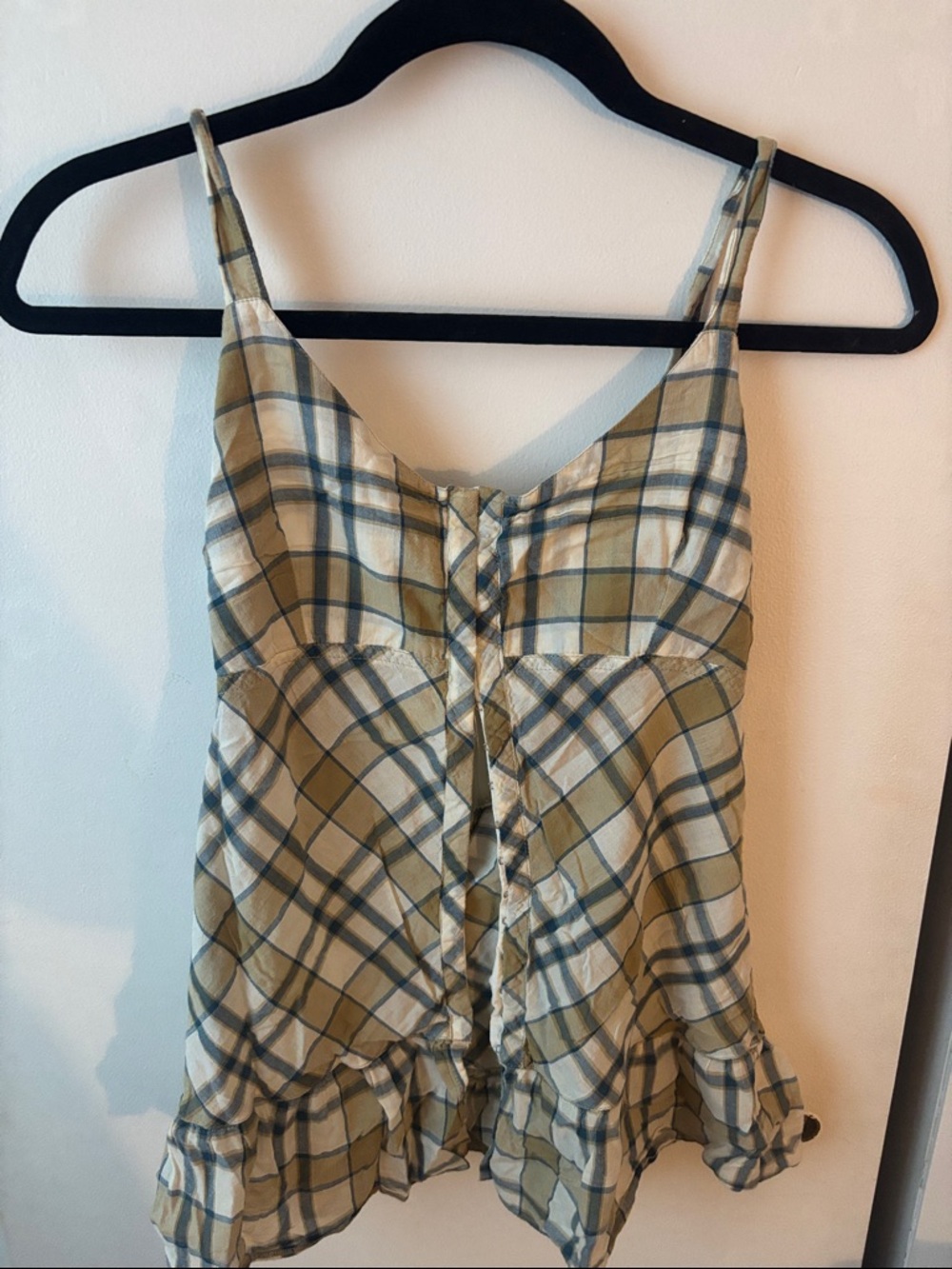Vintage Plaid Ruffle Hem Spaghetti Strap Top with Bow in the Back